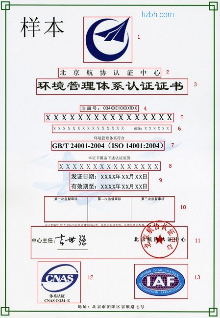 ISO14001环境管理体系认证中文证书样本图解